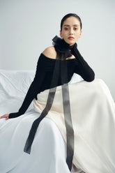 Off-Shoulder Fitted Bodice Long Sleeve Dress In Soft Textured Crepe With Gathered Maxi Skirt